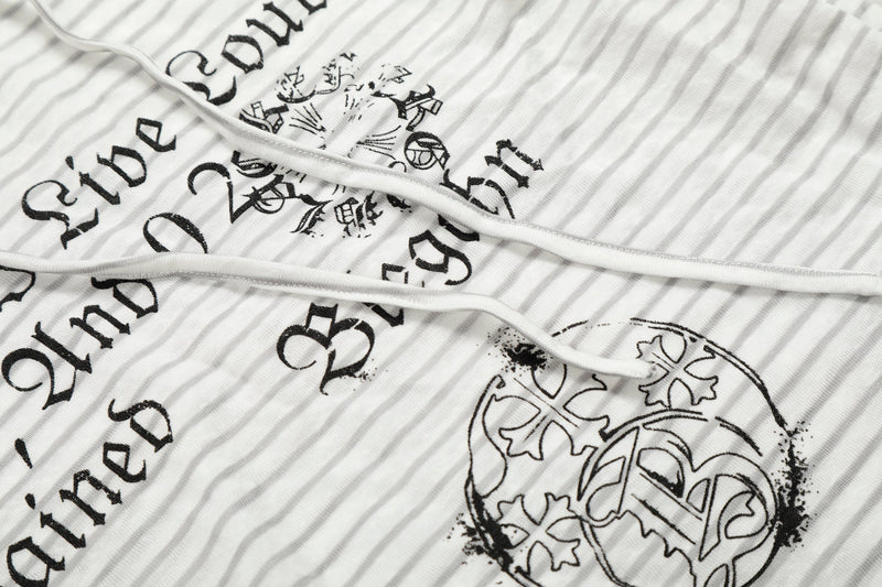 Close-up of white striped front graphic and drawstrings on hoodie tee