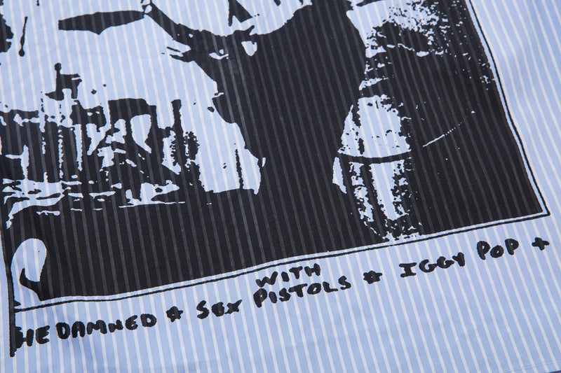 Close-up of black-and-white printed graphic on the shirt front