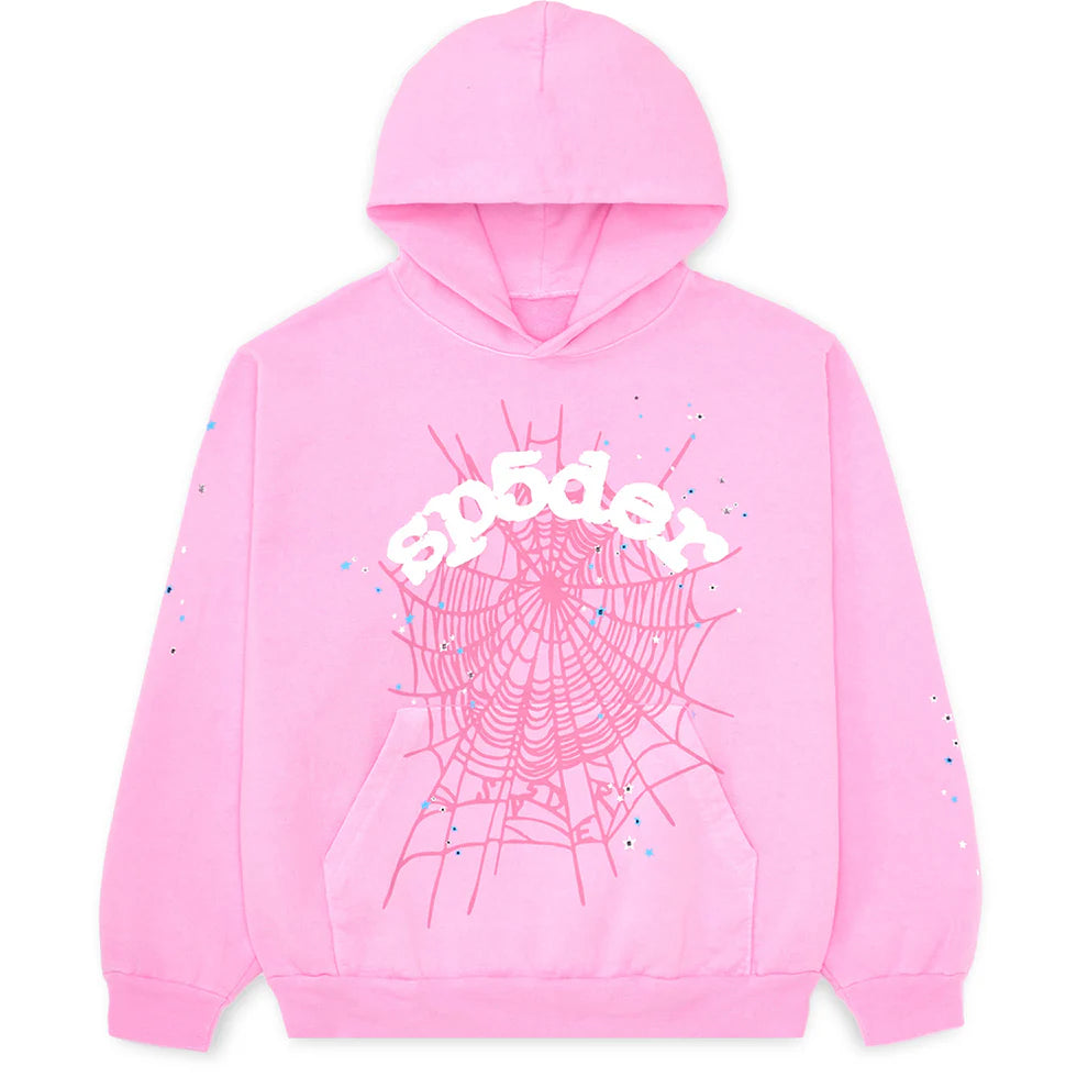 Pink Graphic Hoodie with Spider Web Print – Comfort Fit Pullover Hoodie