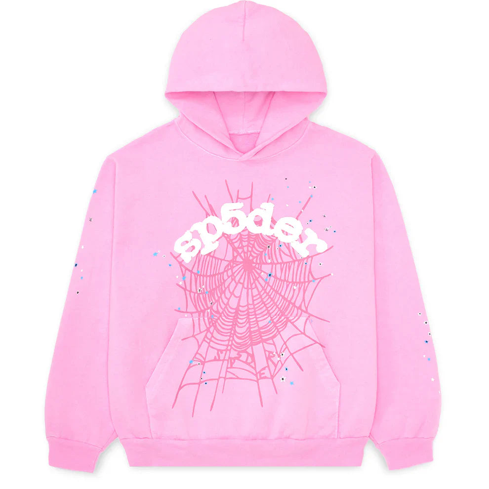 The Pink Graphic Hoodie with Spider Web Print – Comfort Fit Pullover Hoodie features a bold pink design, black spider web and "sp5der" in white on the chest, plus blue and purple dots for playful detail.