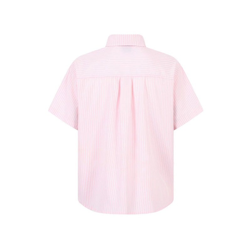 Pink striped boxy short-sleeve shirt, back view