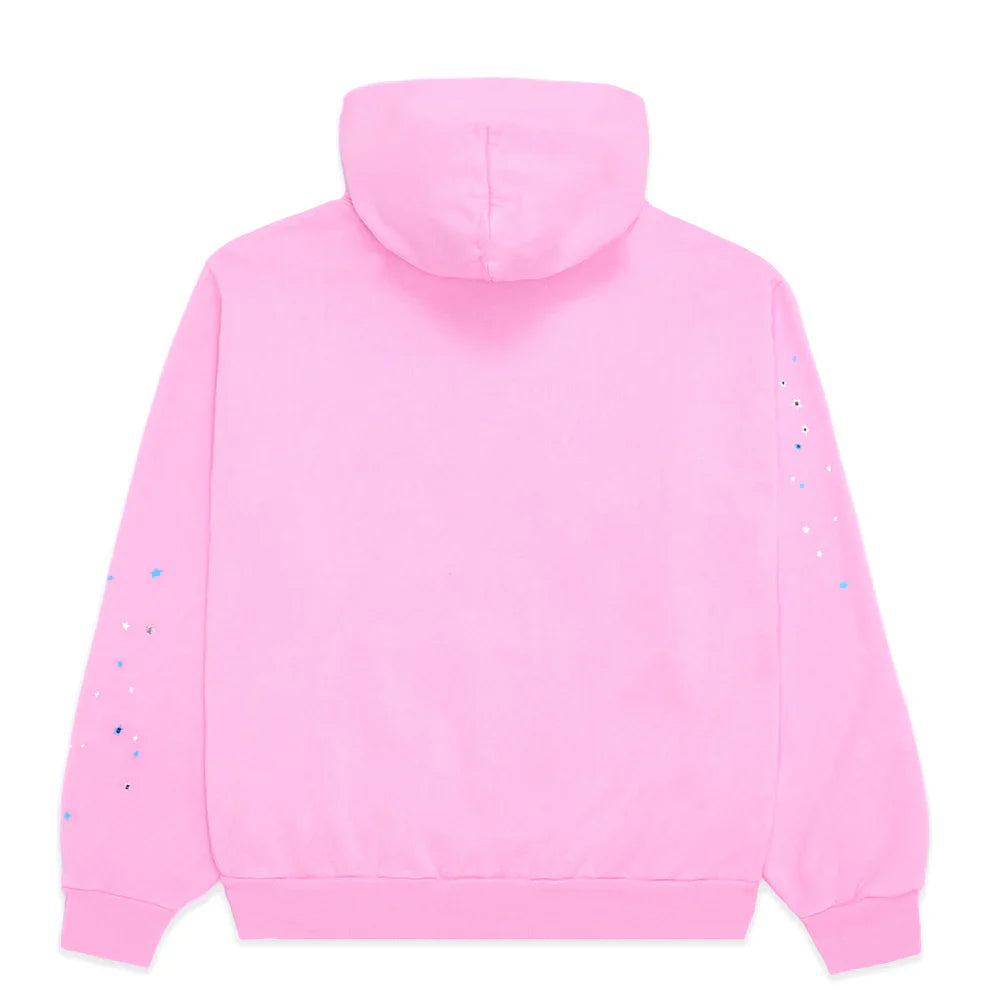 The Pink Graphic Hoodie with Spider Web Print is shown from the back, featuring a comfort fit and small decorative rhinestones scattered along both sleeves for a trendy streetwear pullover look.