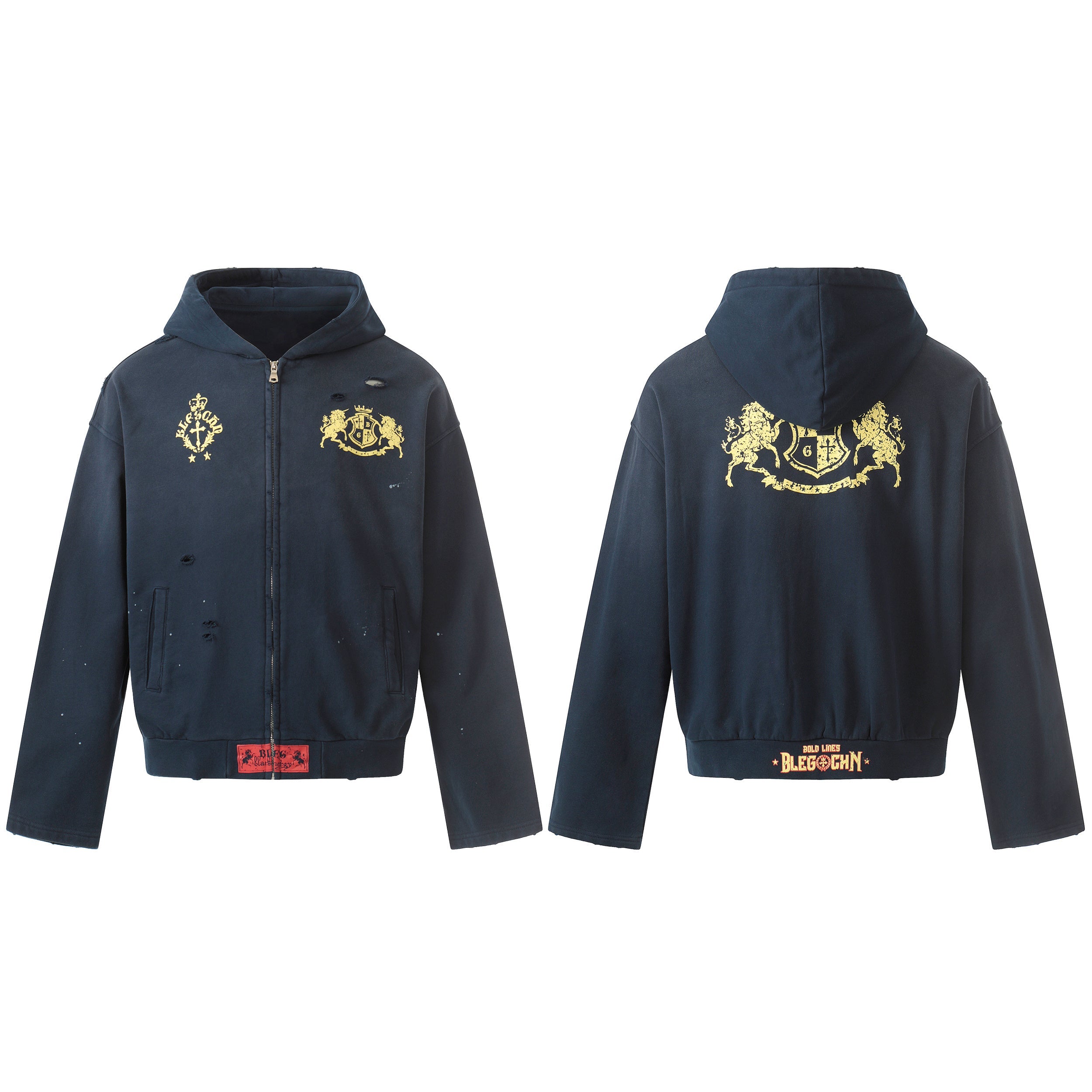 Navy distressed zip-up hoodie with gold heraldic crest graphic shown front and back on white background