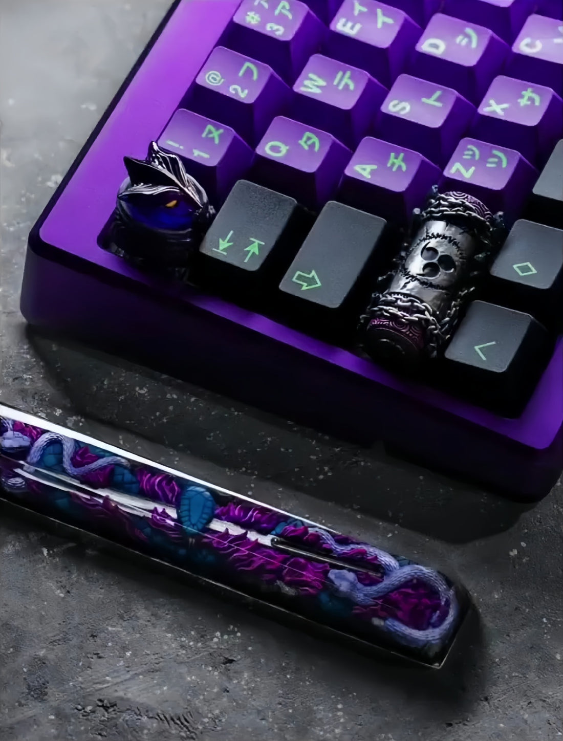 The Naruto Sasuke Keycap Set includes purple keycaps with neon green symbols, featuring a dragon and skull artisan design. The Amaterasu Spacebar showcases intricate purple and blue artwork, offering a striking mechanical keyboard upgrade.