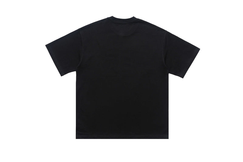 Black oversized graphic tee with a minimalist back view, short sleeves, and streetwear style on a white background