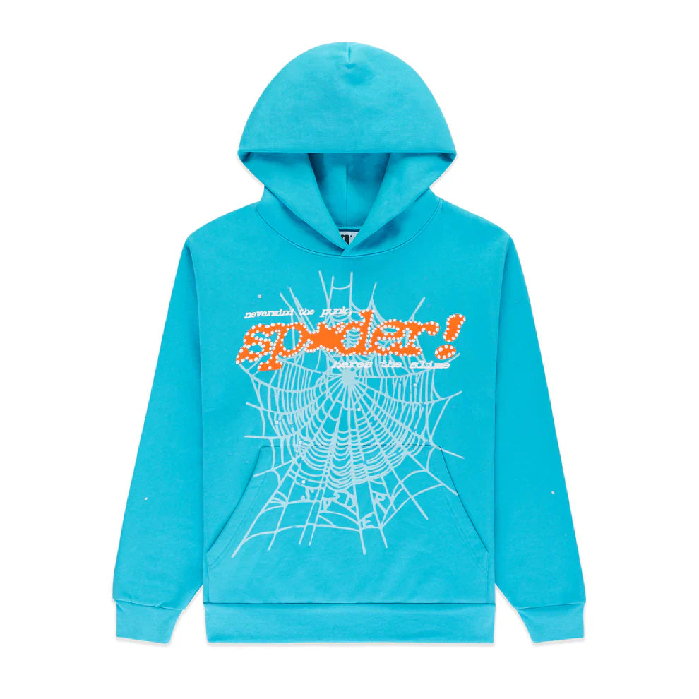 The Sp5der “Nevermind the Spider” Hoodie in Sky Blue is a 440GSM heavyweight cotton fleece pullover, featuring a front pocket, bold orange and white "spider!" lettering, and a large white spiderweb graphic—a streetwear essential.