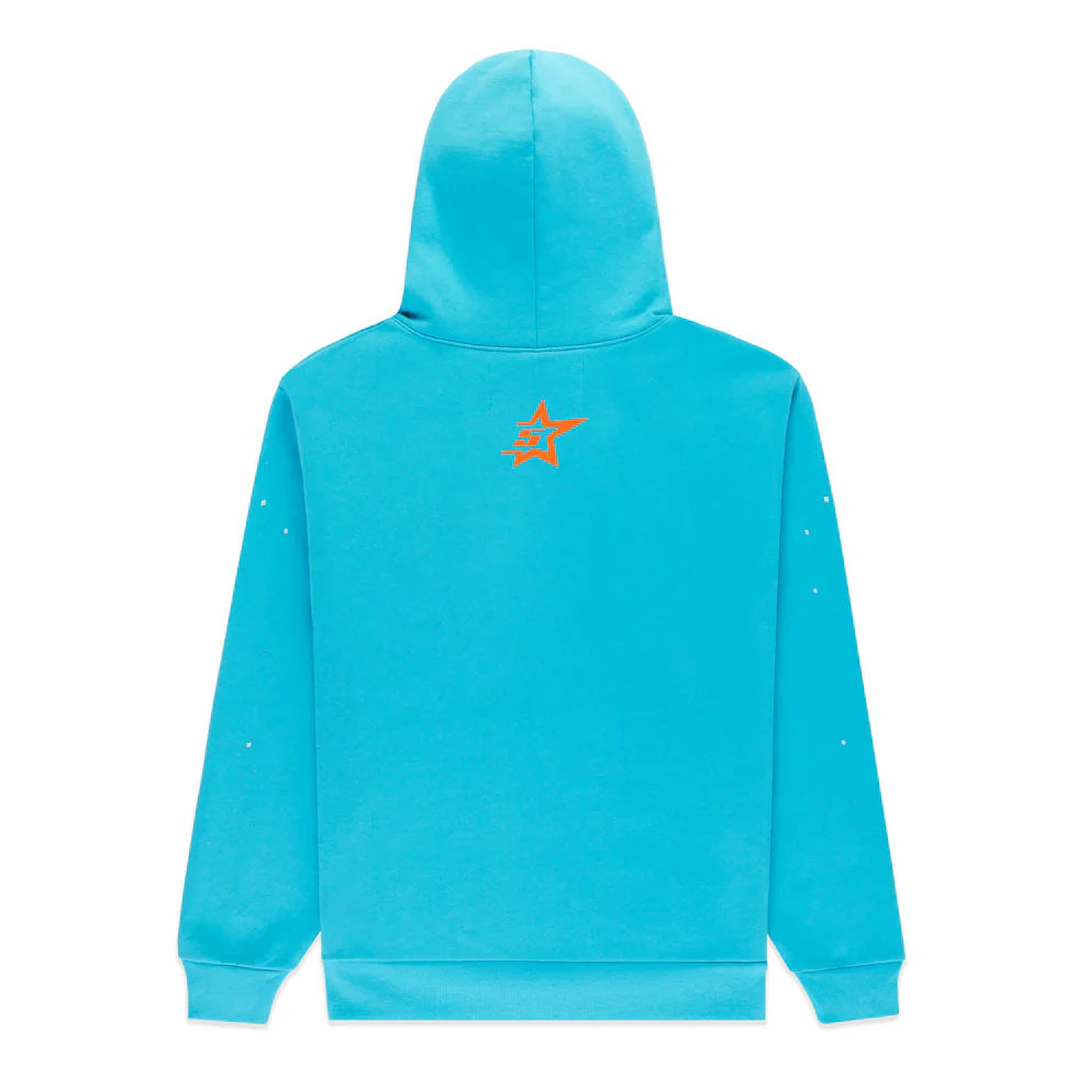 The Sp5der “Nevermind the Spider” Hoodie in sky blue is a 440GSM heavyweight streetwear pullover shown from the back, with a small orange star outlined in white and minimal white accent dots, crafted from premium cotton fleece.