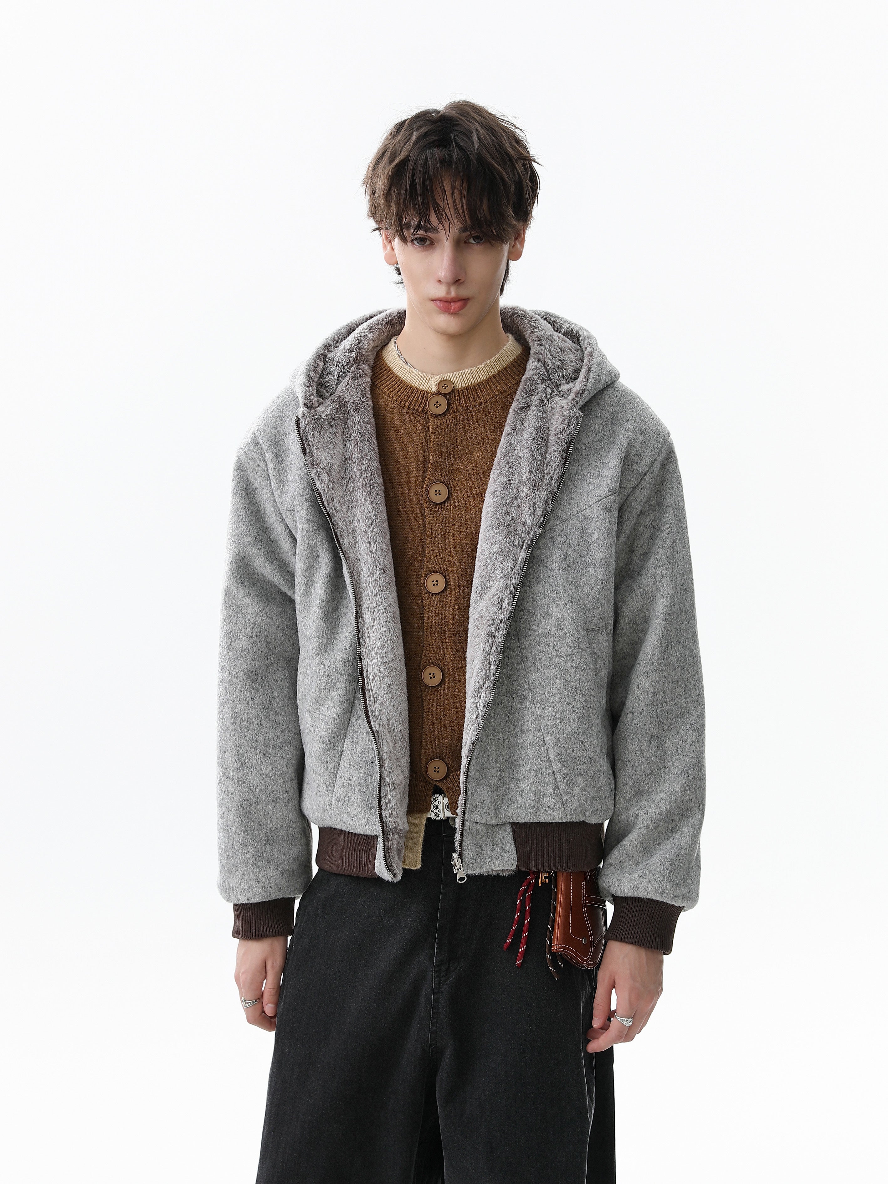 Wool Blend Fleece Hooded Bomber Jacket | Omirad