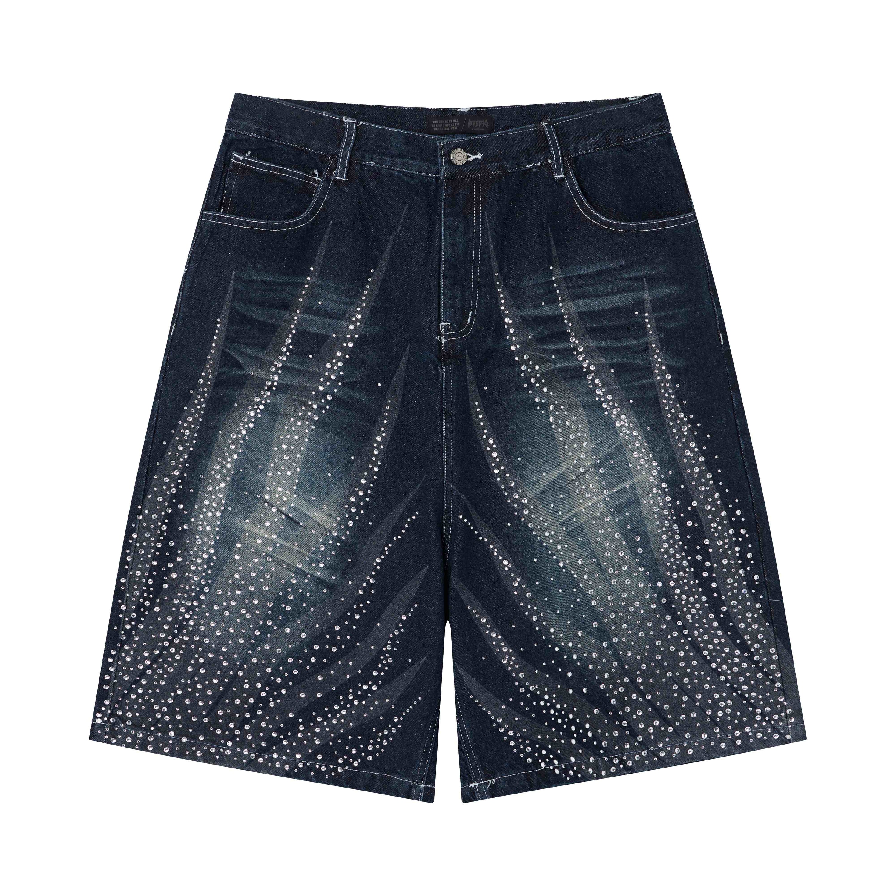 Omirad Rhinestone Denim Shorts | Gradient Wash Loose Fit