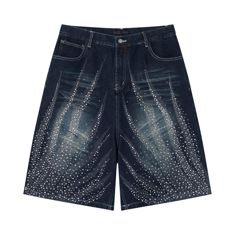 Front view of dark wash denim shorts with rhinestone gradient and loose fit