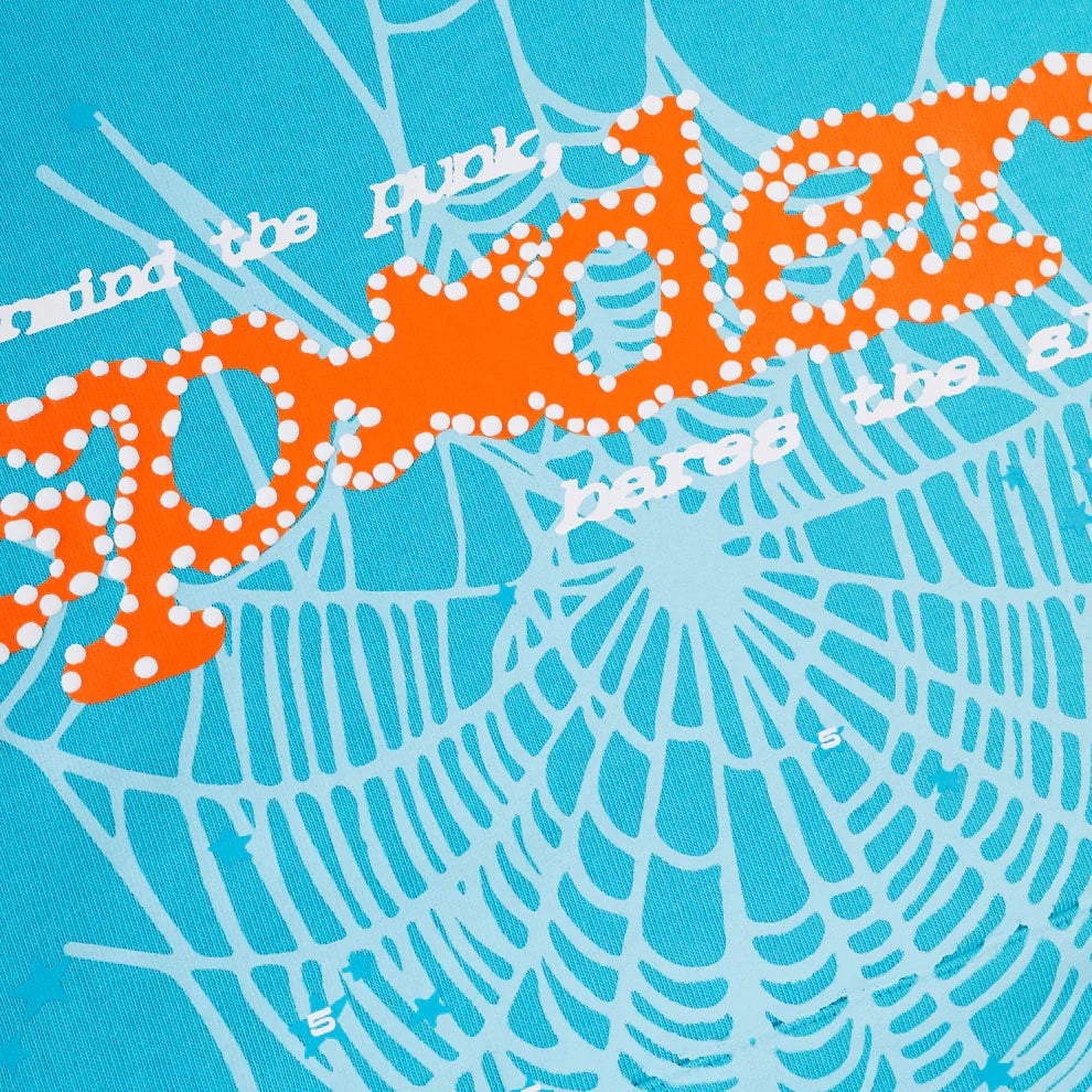 The Sp5der “Nevermind the Spider” Hoodie features a sky blue background with a light blue web and bold orange dotted “Sp5der” text, plus white “find the” and “here’s the”—a standout 440GSM heavyweight streetwear pullover.