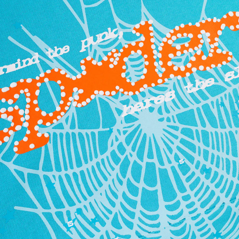 The Sp5der “Nevermind the Spider” Hoodie features a sky blue background with a light blue web and bold orange dotted “Sp5der” text, plus white “find the” and “here’s the”—a standout 440GSM heavyweight streetwear pullover.