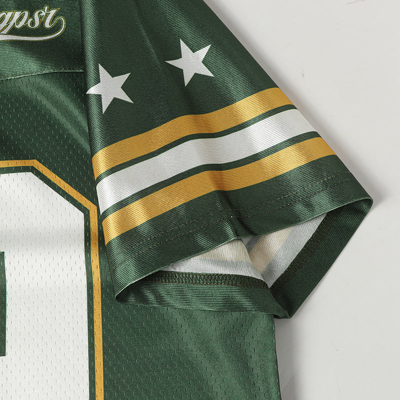 Dark green varsity football jersey with white stars and gold striped sleeve on a textured athletic tee