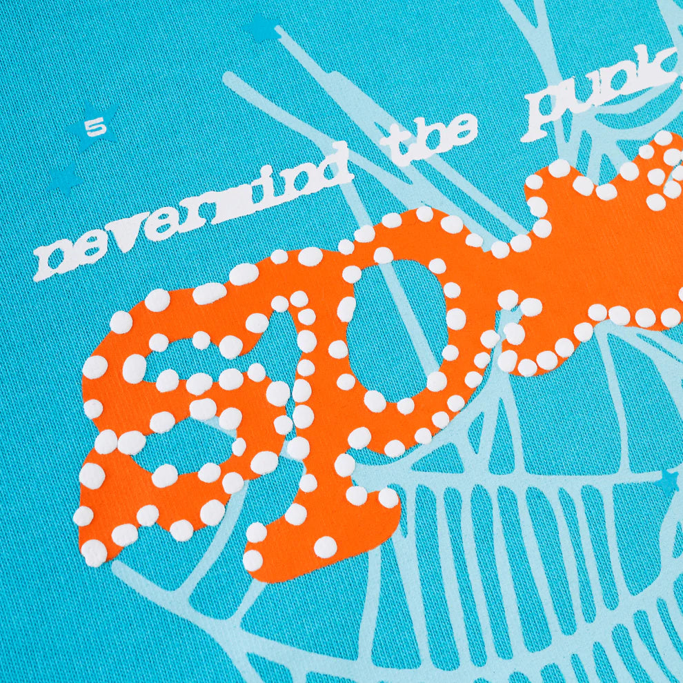 Sp5der “Nevermind the Spider” Hoodie – Sky Blue 440GSM Heavyweight Streetwear Pullover
