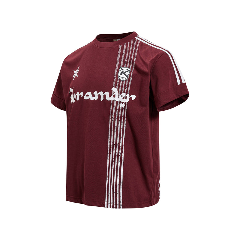 Burgundy Foramder Velocity Line sport tee with white stripe graphics and bold logo print