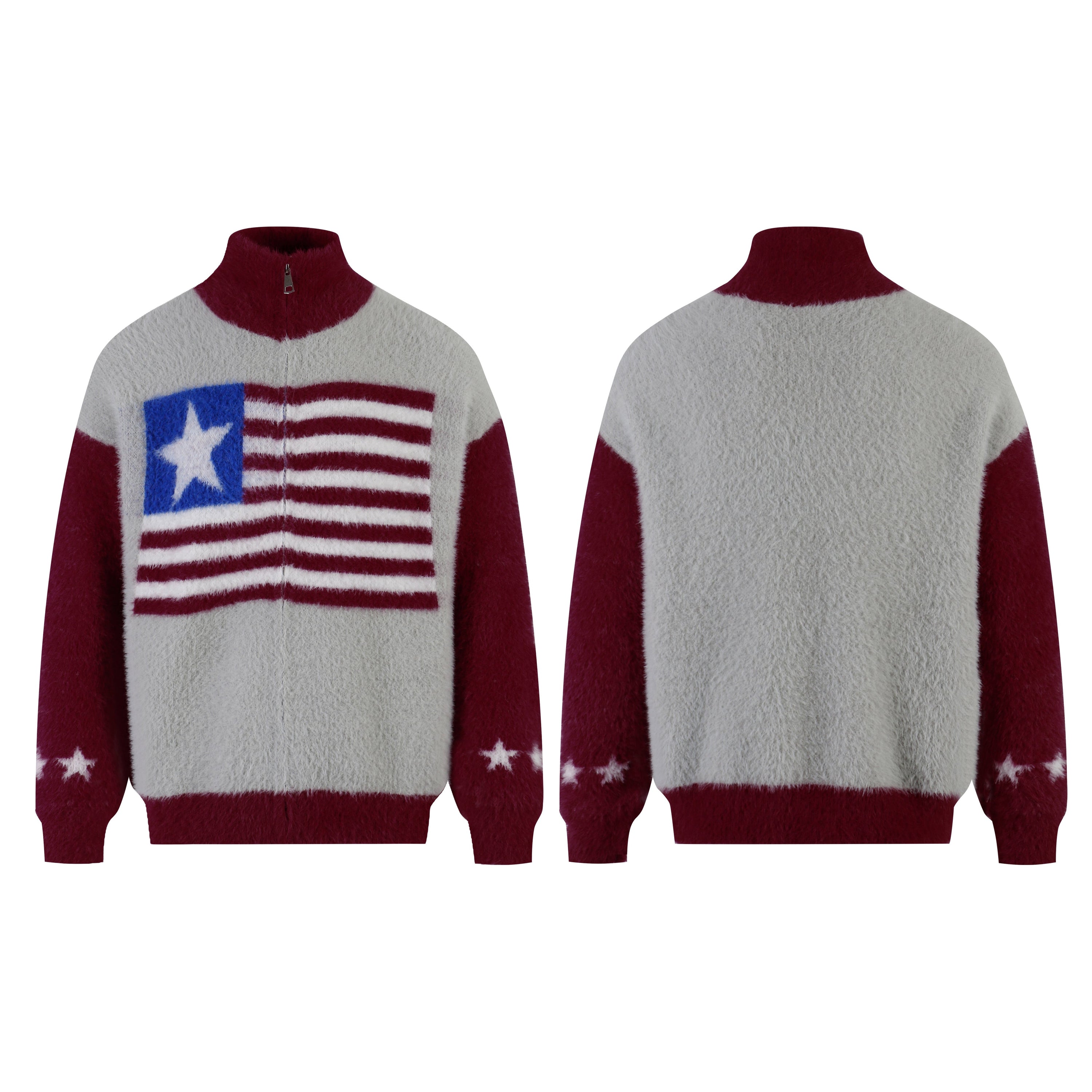 Grey and burgundy fuzzy half-zip sweater with star-and-stripe American flag jacquard pattern on the chest, shown front and ba
