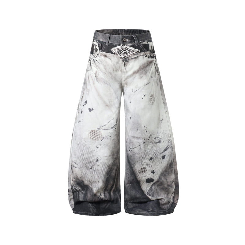 Front view of wide-leg jeans with black-and-white abstract wash and oversized fit