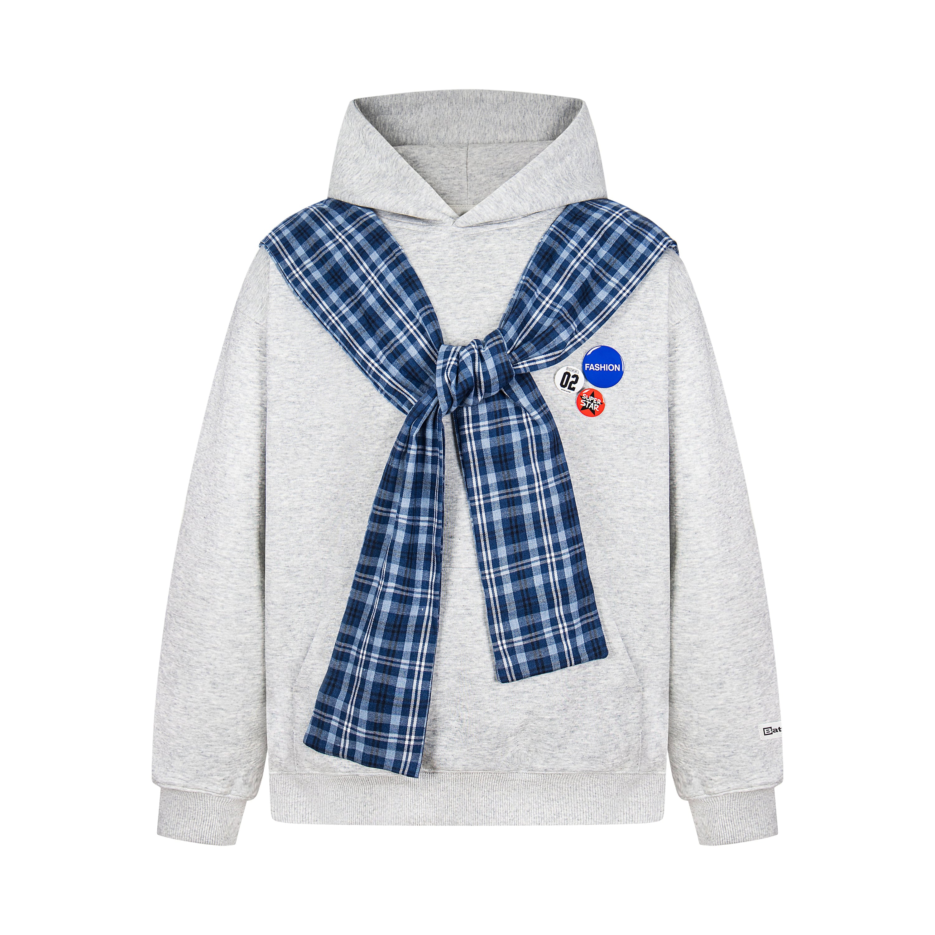 Plaid Scarf Layered Hoodie with Badge Accents | Streetwear