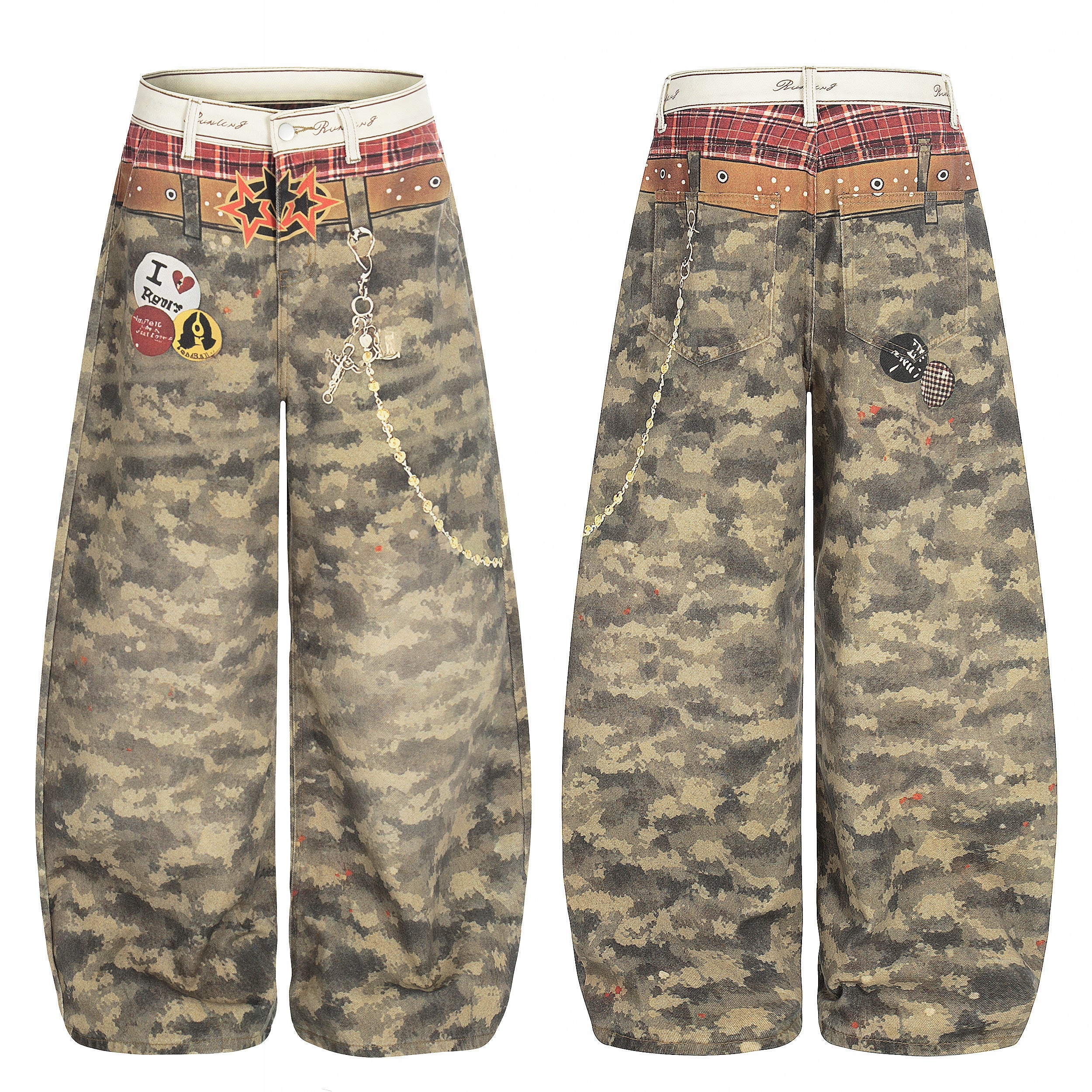 Front and back view of wide-leg camo denim pants with printed plaid waistband, star graphics, badge patches, and decorative c
