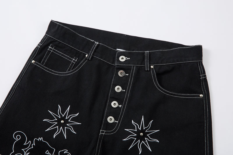 Heraldic Embroidered Wide-Leg Jeans | Lion & Star Denim
