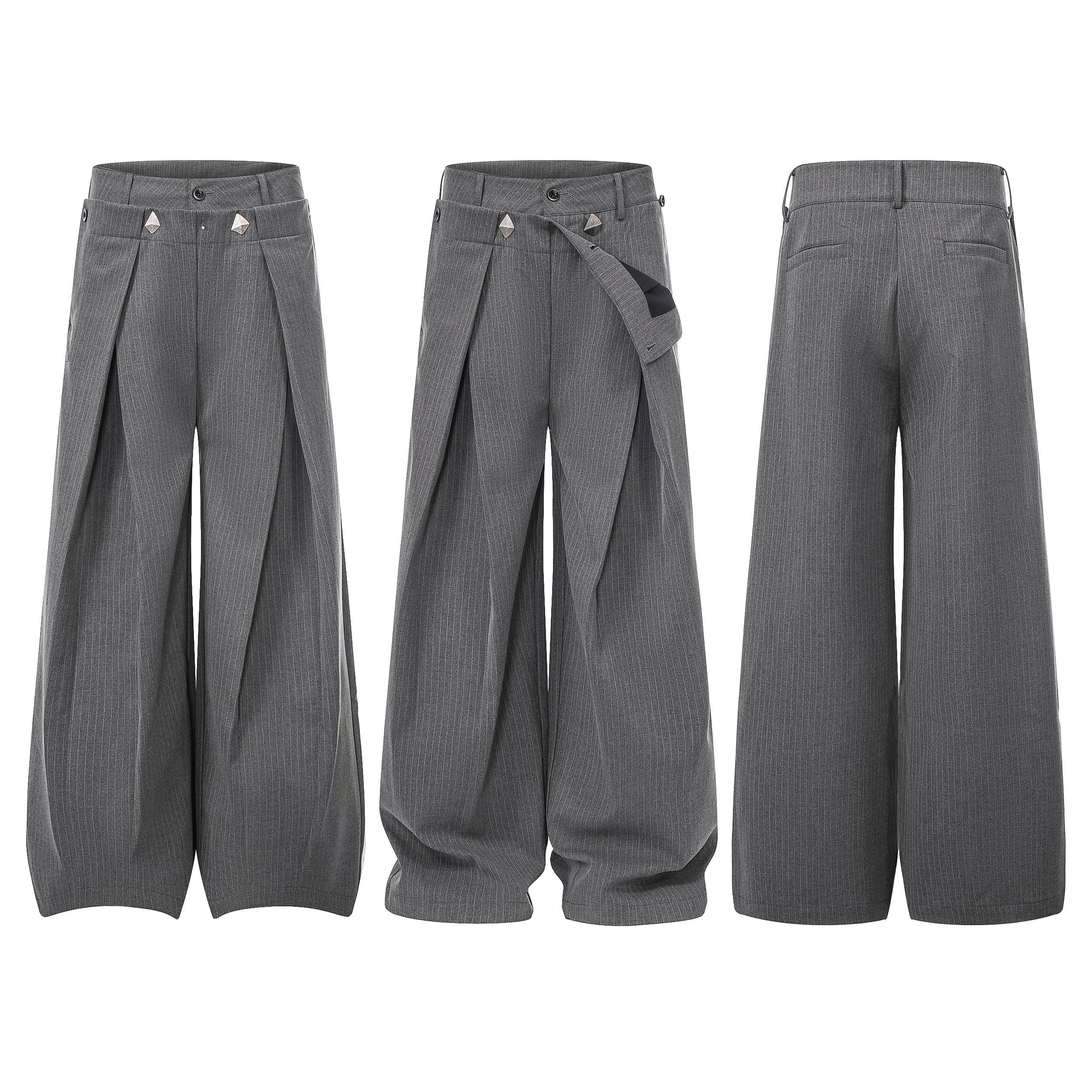 Grey pinstripe wide-leg wrap trousers with pleated panels and silver pyramid hardware, shown front, side, and back