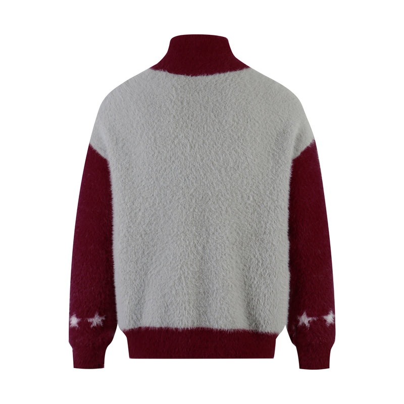 Back view of fuzzy sweater with burgundy sleeves and white body