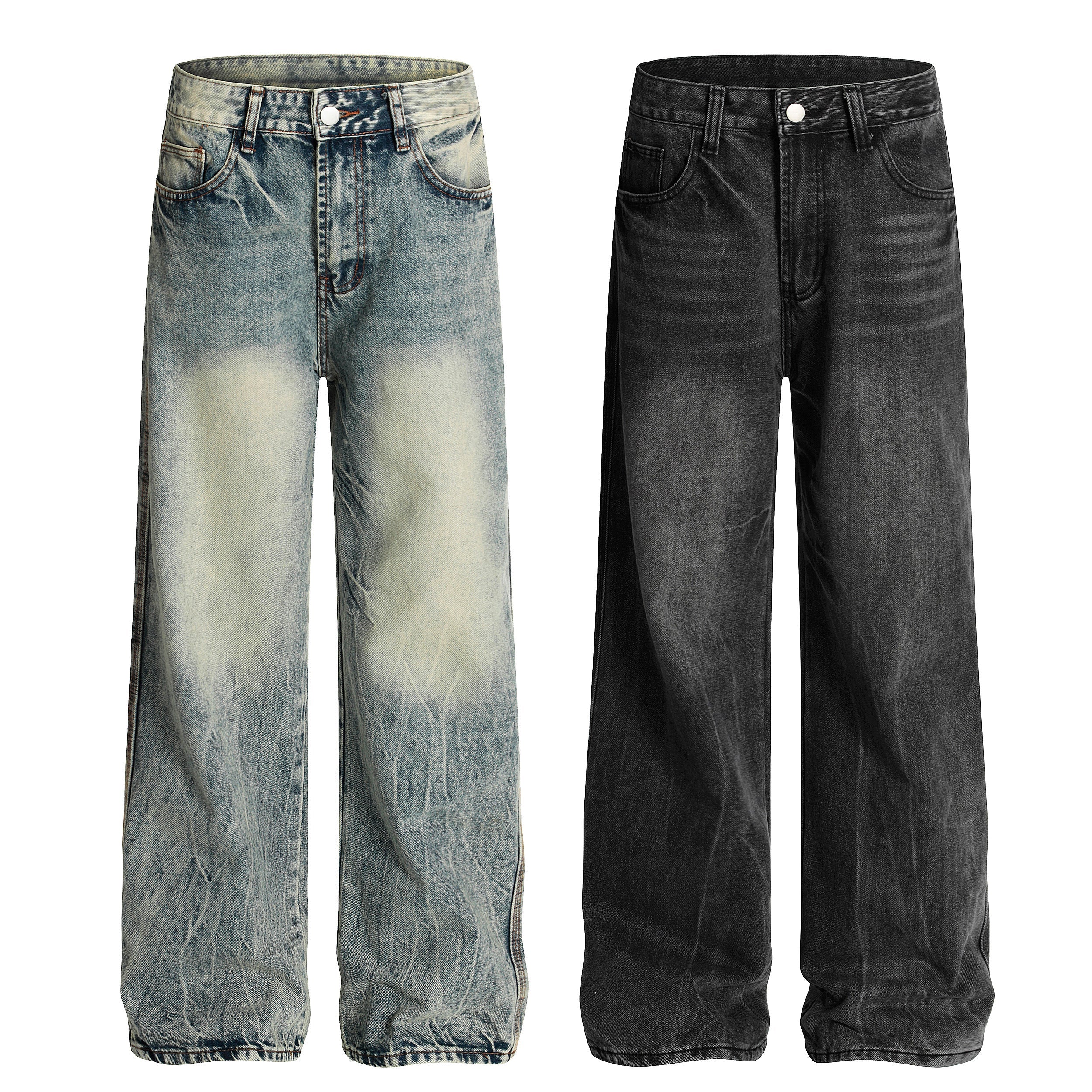 Front view of vintage wash wide-leg jeans in faded light blue and dark charcoal grey, shown side by side on white background