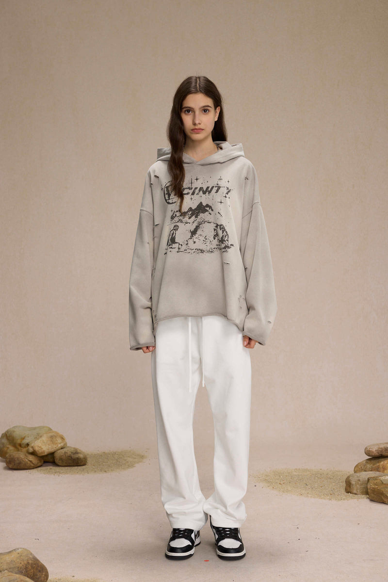 Light gray Vicinity distressed hoodie with graphic print, front view on model