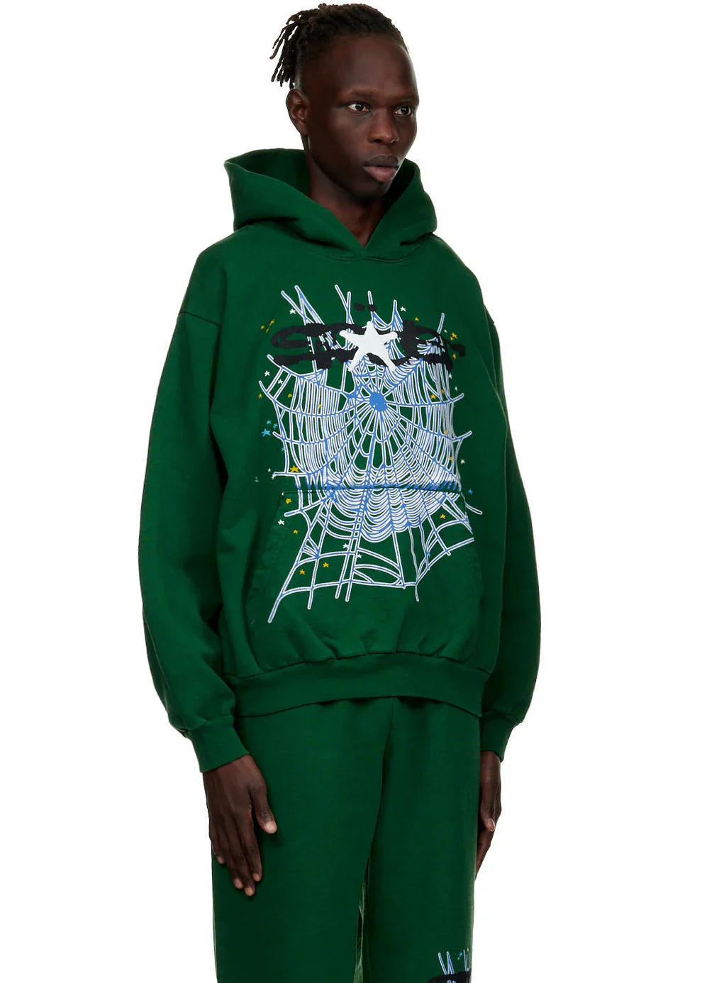 A person wearing a Dark Green Graphic Hoodie with Spider Web Print—an everyday comfort fit pullover featuring bold white and blue abstract web designs, perfect for making a statement in streetwear fashion.
