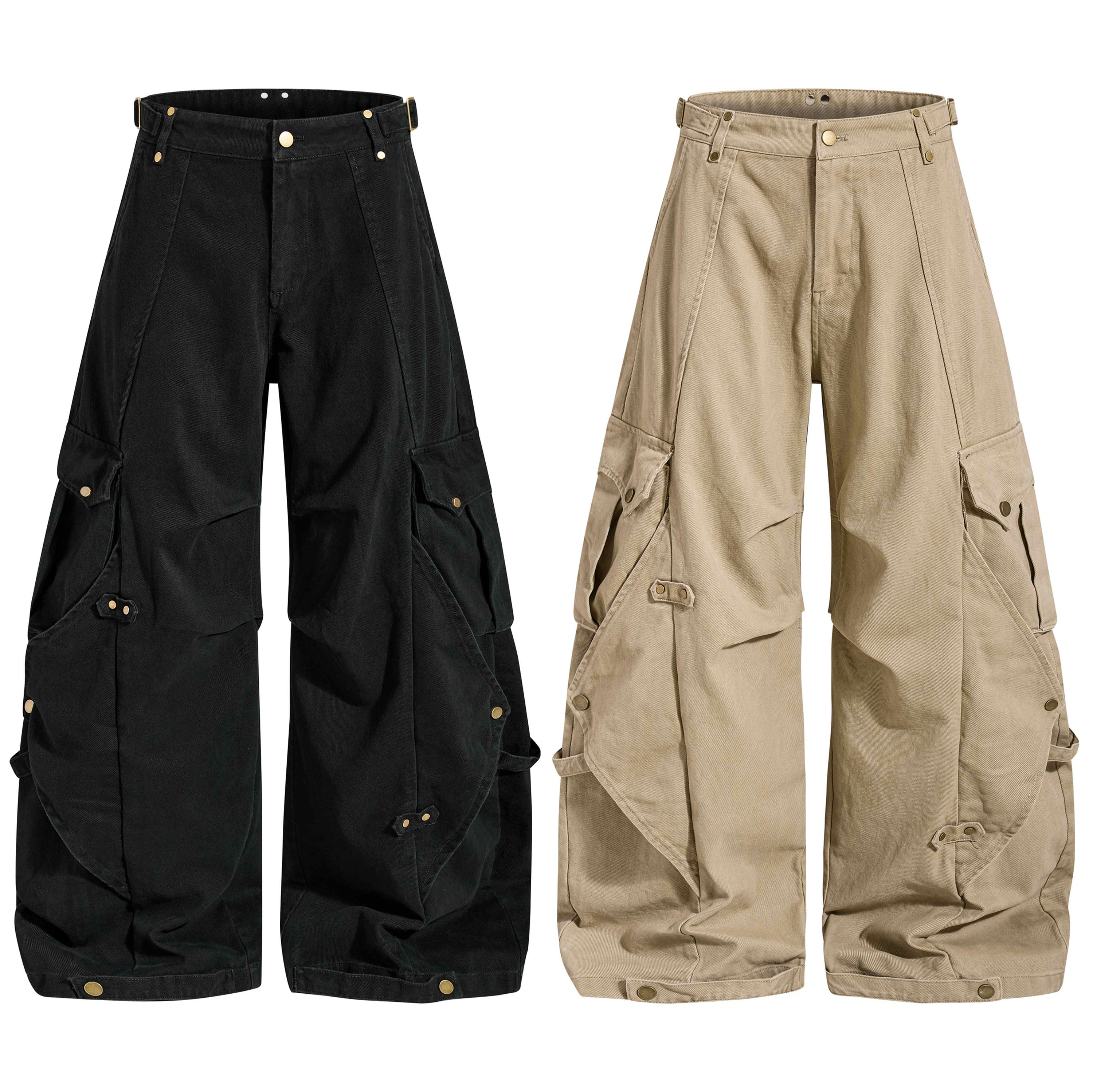 Front view of black and khaki wide-leg balloon cargo pants with modular panels and gold snap-button hardware
