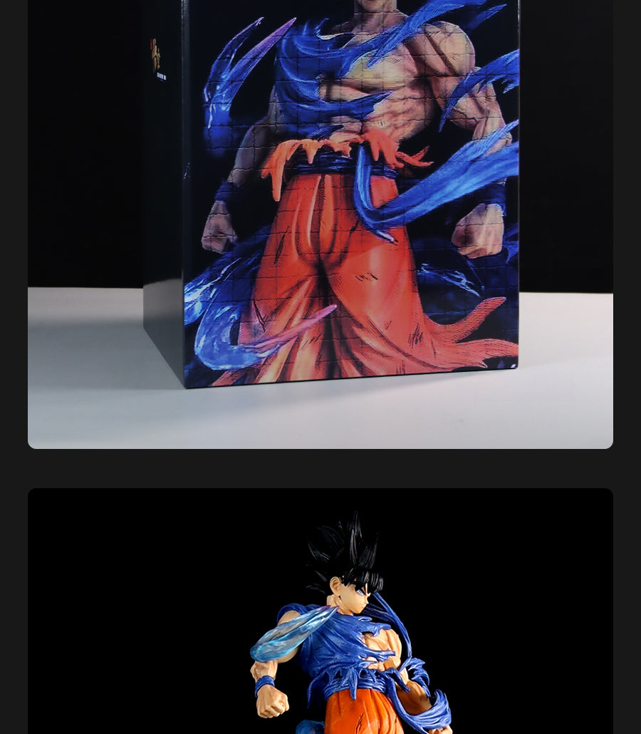 The Seakoff Goku Dual Head Collectible Figure features a spiky black-haired figure in an orange and blue outfit, with a Super Saiyan Blue and Ultra Instinct head. The box top depicts him dynamically with a swirling Super Saiyan Blue aura, mirroring the 49cm figure design.