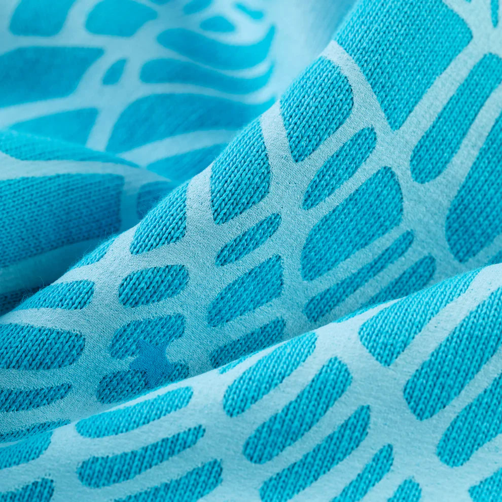Close-up of the Sp5der “Nevermind the Spider” Hoodie – Sky Blue 440GSM Heavyweight Streetwear Pullover, showcasing premium cotton fleece with raised turquoise abstract patterns for a modern, textured look.