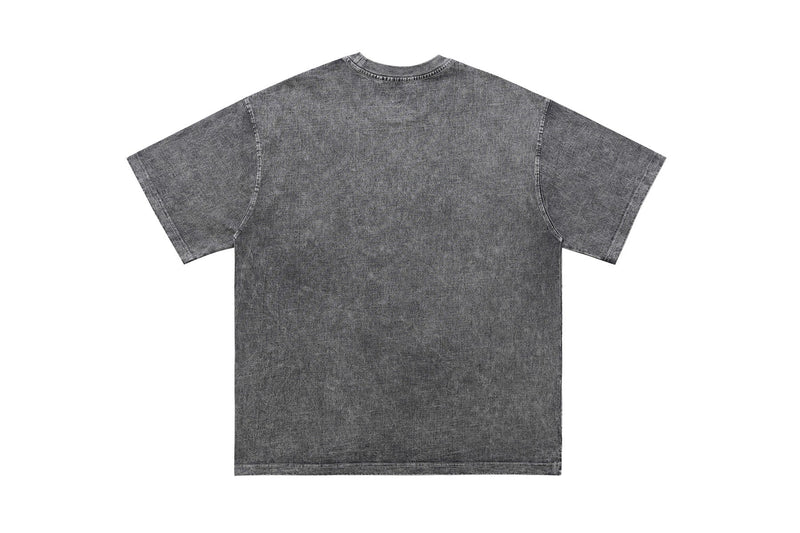 Vintage wash gray graphic T-shirt with oversized fit and faded streetwear style, shown from the back