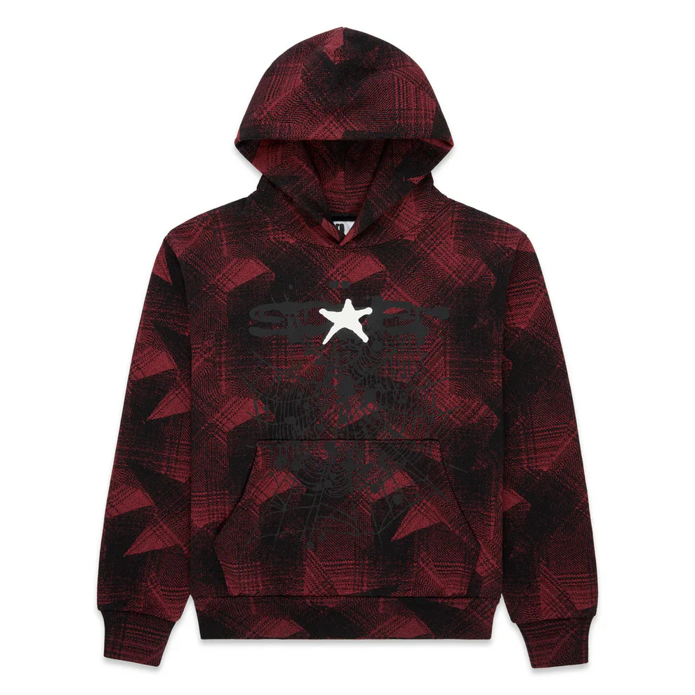The Red and Black Graphic Hoodie with Star Detail and Spider Web Print is a comfort fit pullover featuring bold patterns, grunge accents, a white star, and striking black text—ideal for making a statement.