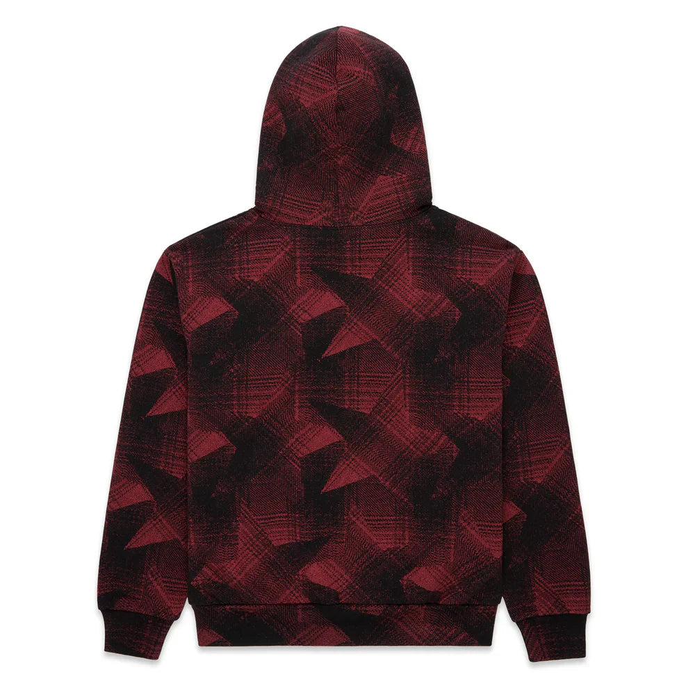 Red and Black Graphic Hoodie with Star Detail and Spider Web Print—shown from the back, this comfort fit pullover features long sleeves, ribbed cuffs and hem, plus eye-catching overlapping lines and shapes for a modern streetwear style.