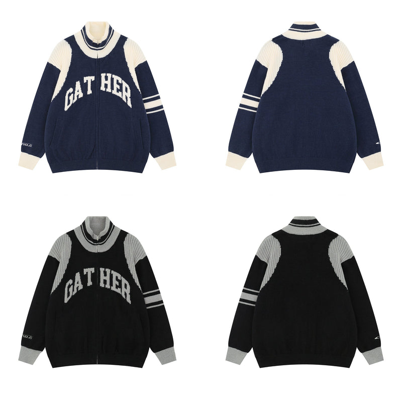 Front and back views of a navy and cream varsity knit zip jacket with GATHER lettering