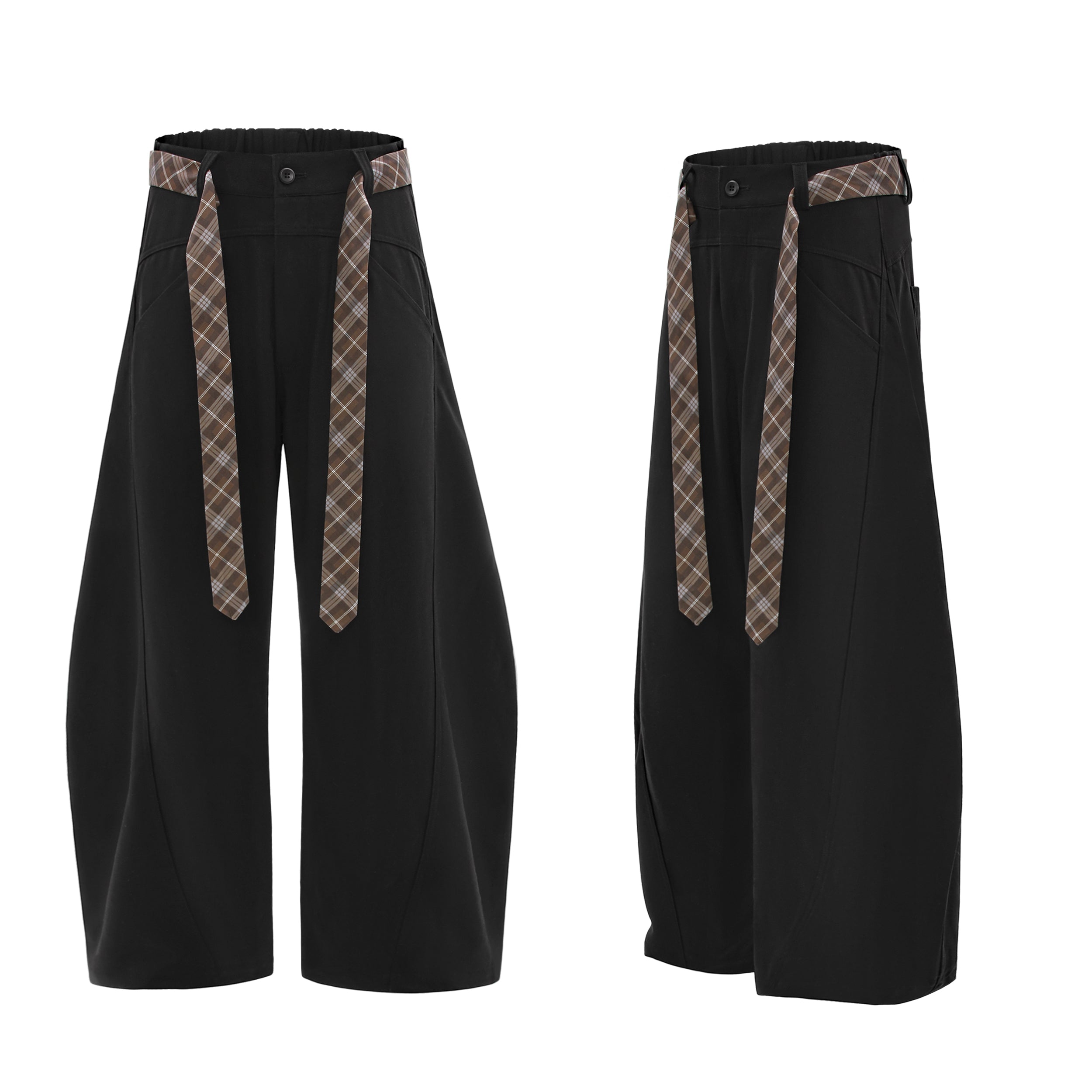 Omirad Plaid-Belt Curved Leg Wide Pants | Streetwear Trousers