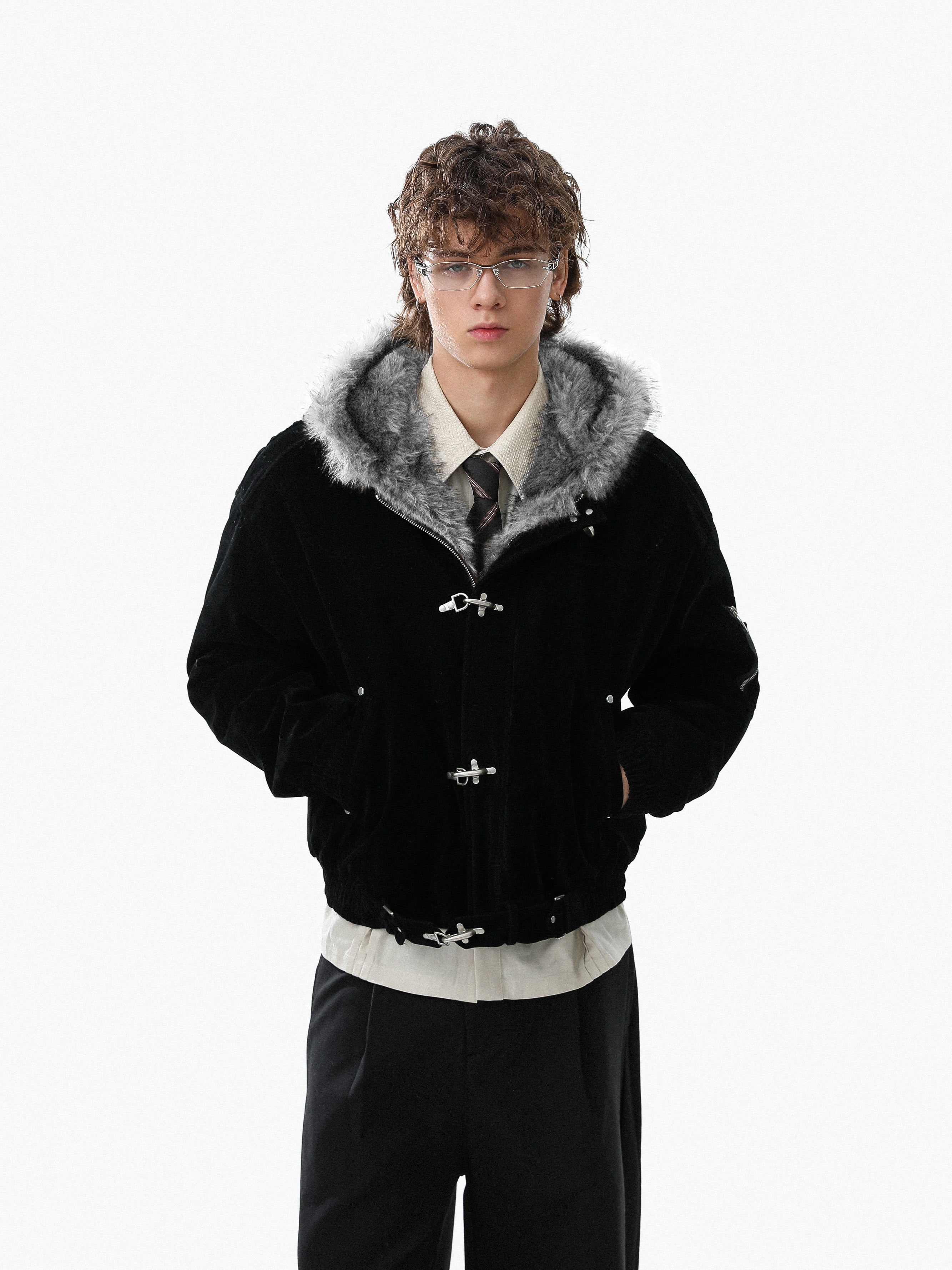 Omirad Faux Suede Fur-Lined Hooded Bomber Jacket