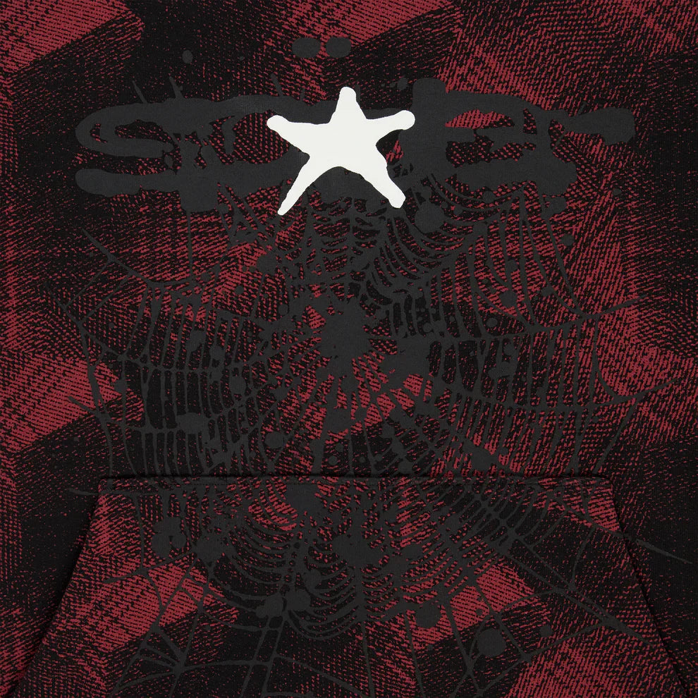 The Red and Black Graphic Hoodie with Star Detail and Spider Web Print is a comfort fit pullover featuring a bold white star, black spider web design, and contrasting textures for an edgy streetwear look.