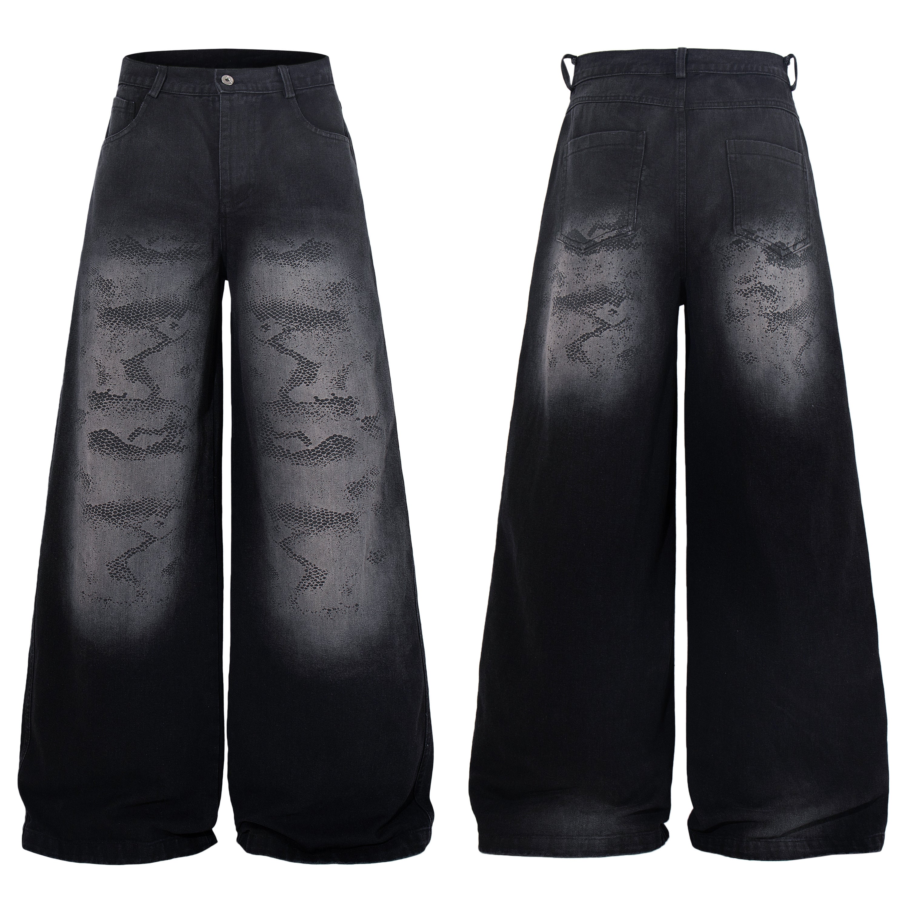 Front and back view of black wide-leg jeans with tonal shadow camo texture and faded wash detailing