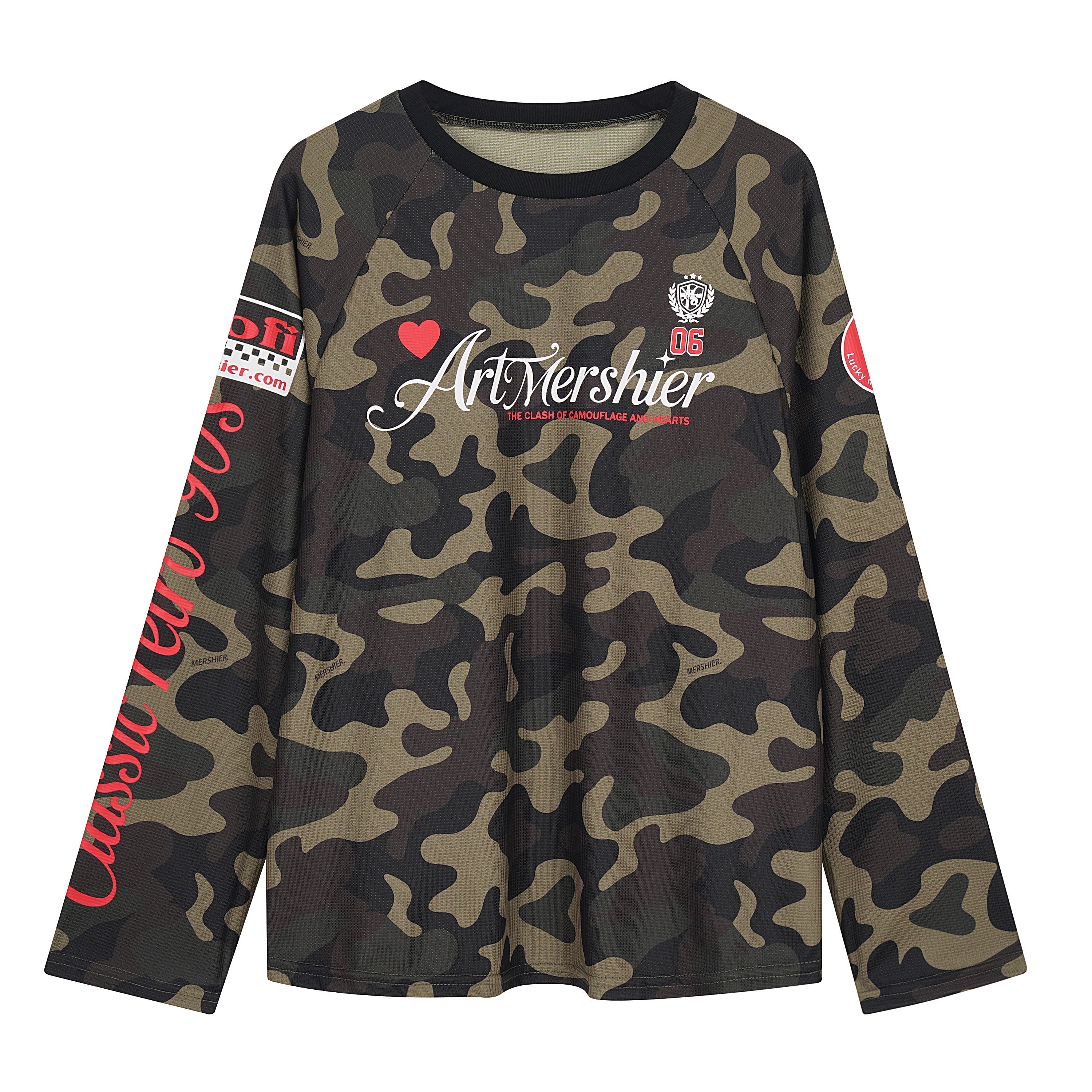 ArtMershier camo graphic long sleeve jersey with red script sleeve print and chest logo on woodland camouflage mesh fabric