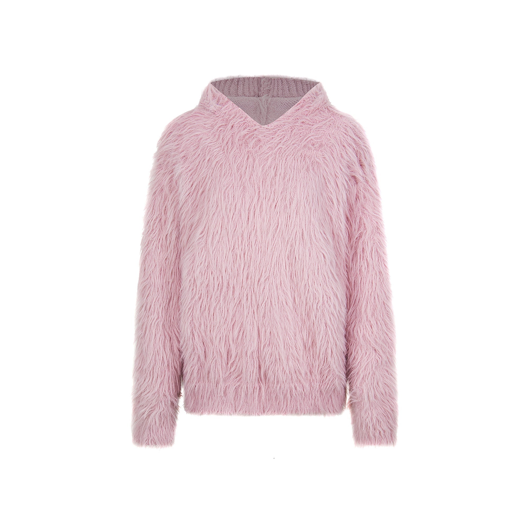 Omirad Long-Fur Graphic Sweater | Pink Shaggy Knit Pullover