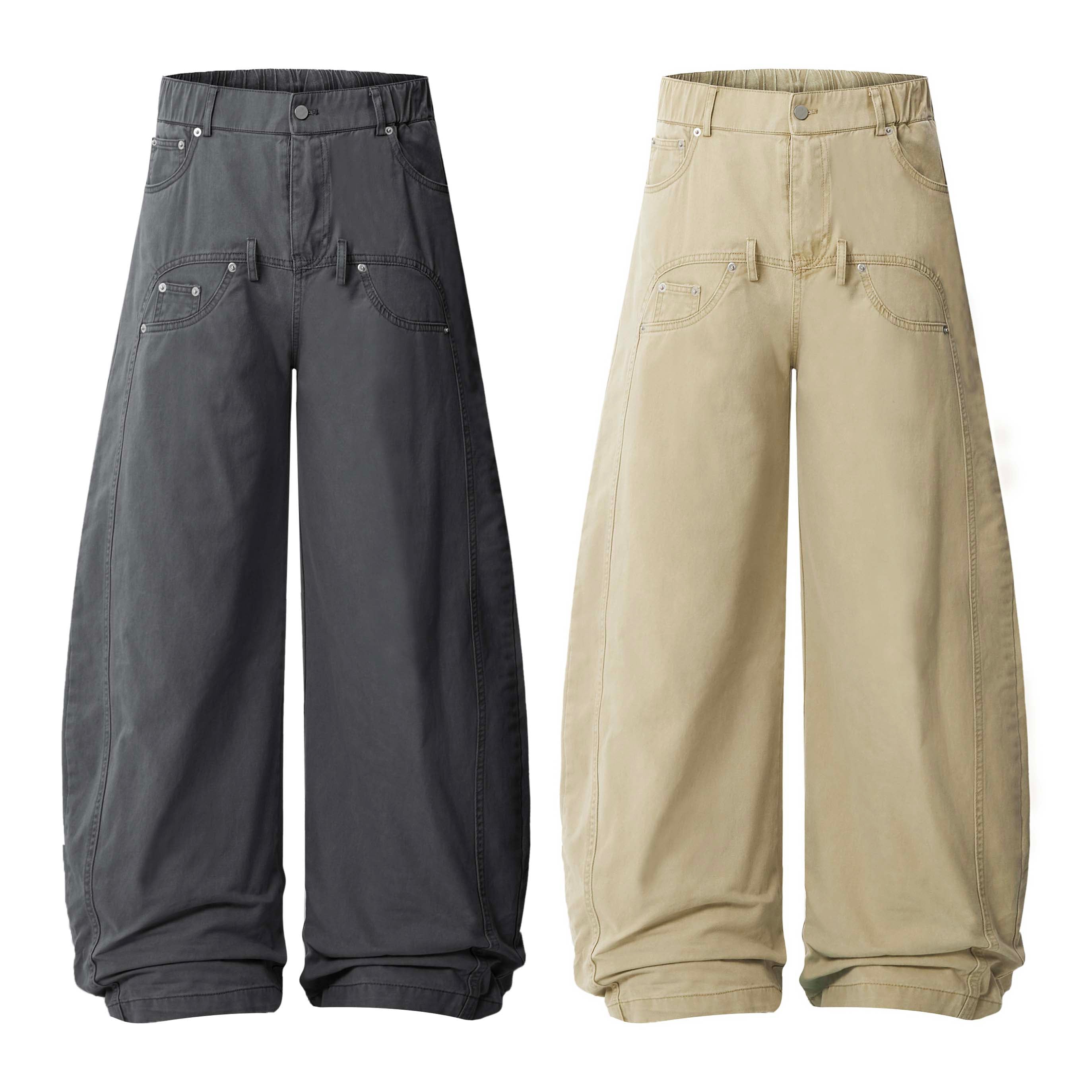 Front view of wide-leg stacked barrel pants in charcoal grey and khaki beige with multi-seam design and stacked hem