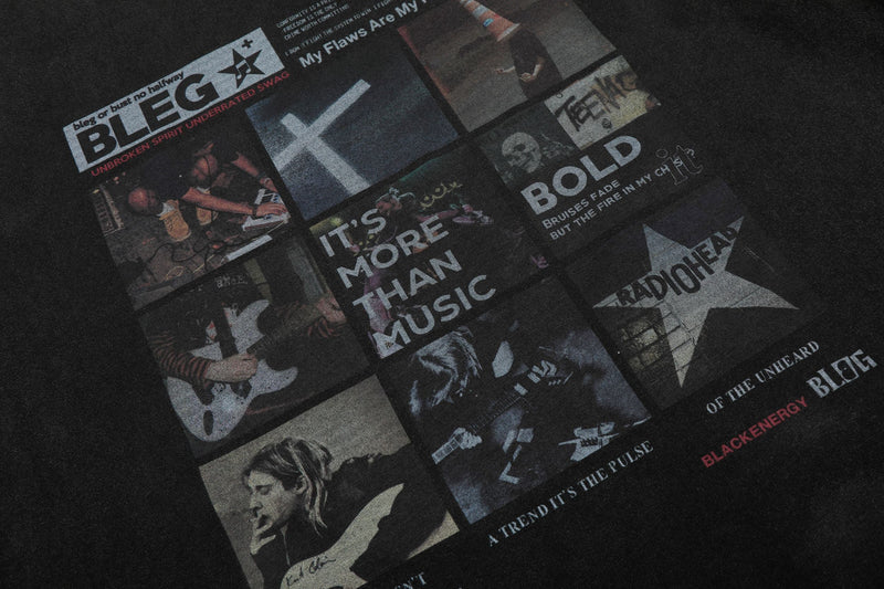 Black vintage washed graphic T-shirt with a collage of music-inspired slogans and rock band style photos