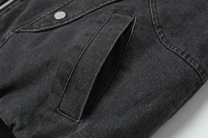 Quilted Denim Sherpa Collar Bomber Jacket | Streetwear