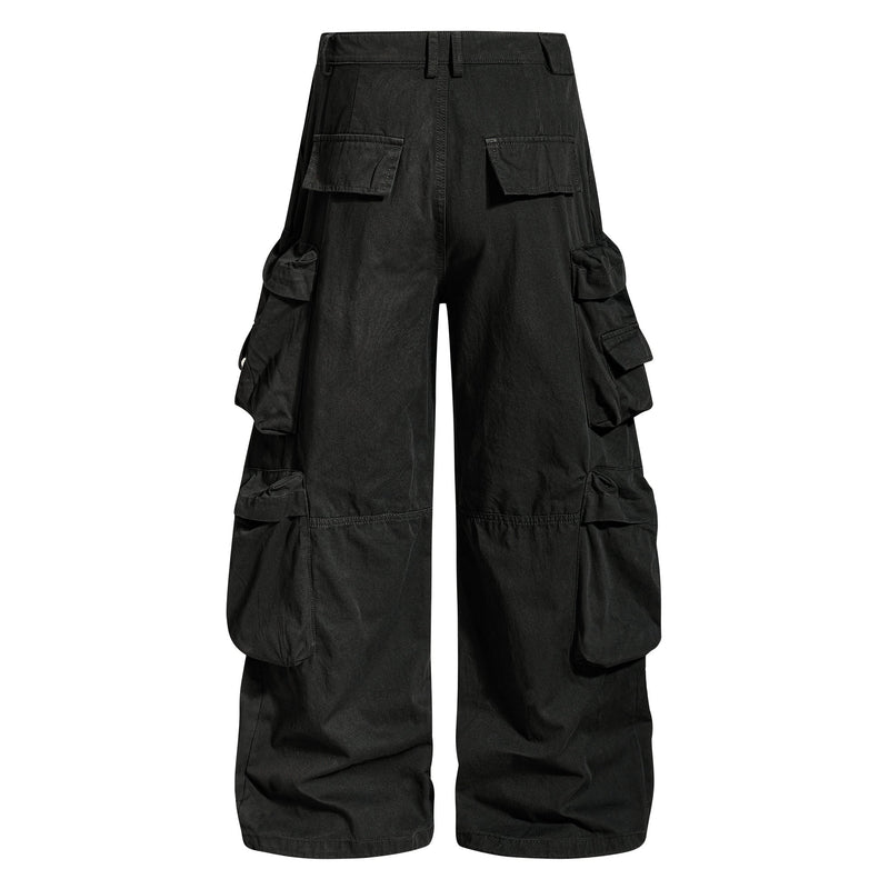 Black cargo pants back view with multiple side pockets and wide legs