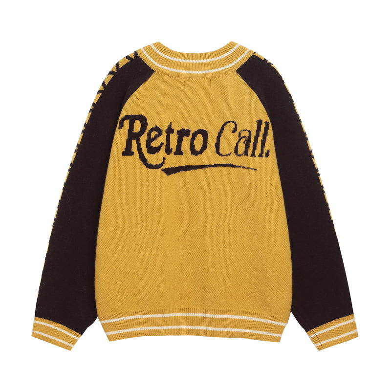 Back view of mustard yellow knit jacket with large Retro Call. text across the back