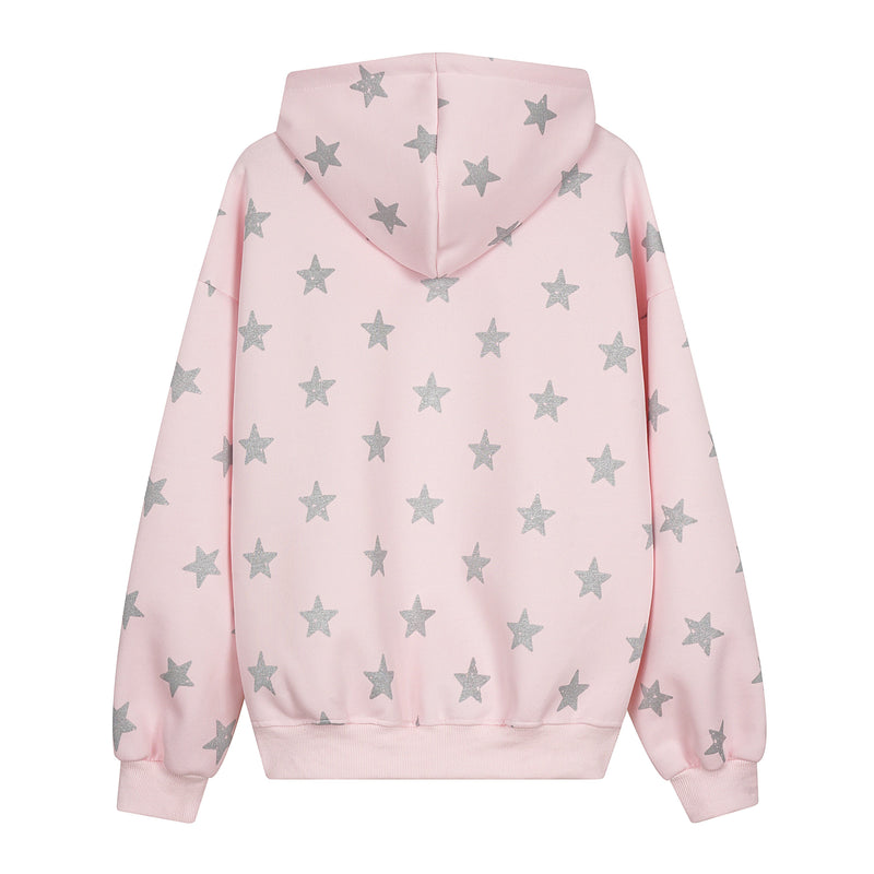 Pink hoodie with silver star print, back view with hood down