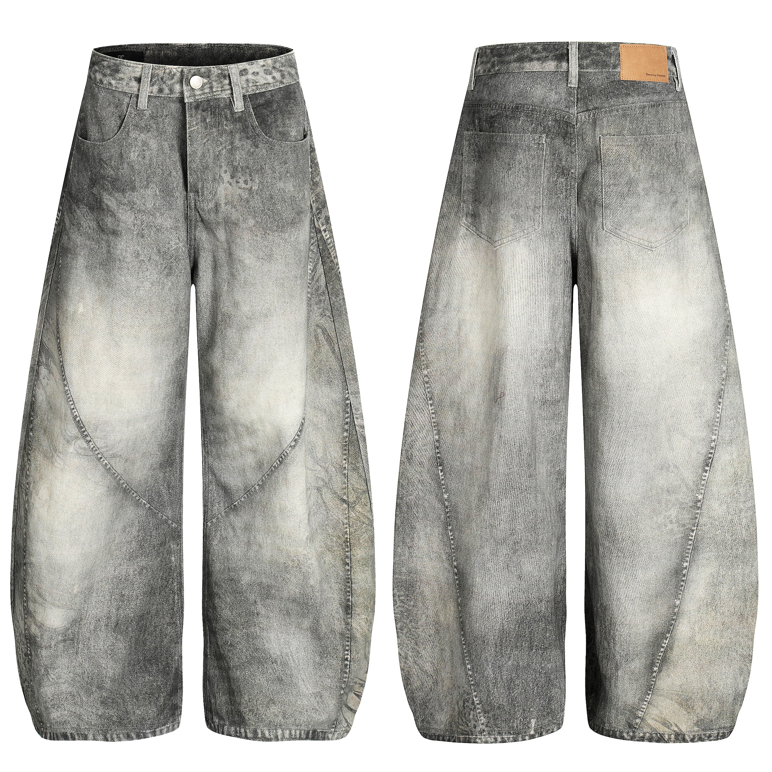 Front and back view of grey acid-washed barrel-leg denim pants with curved chevron seams and leather back patch