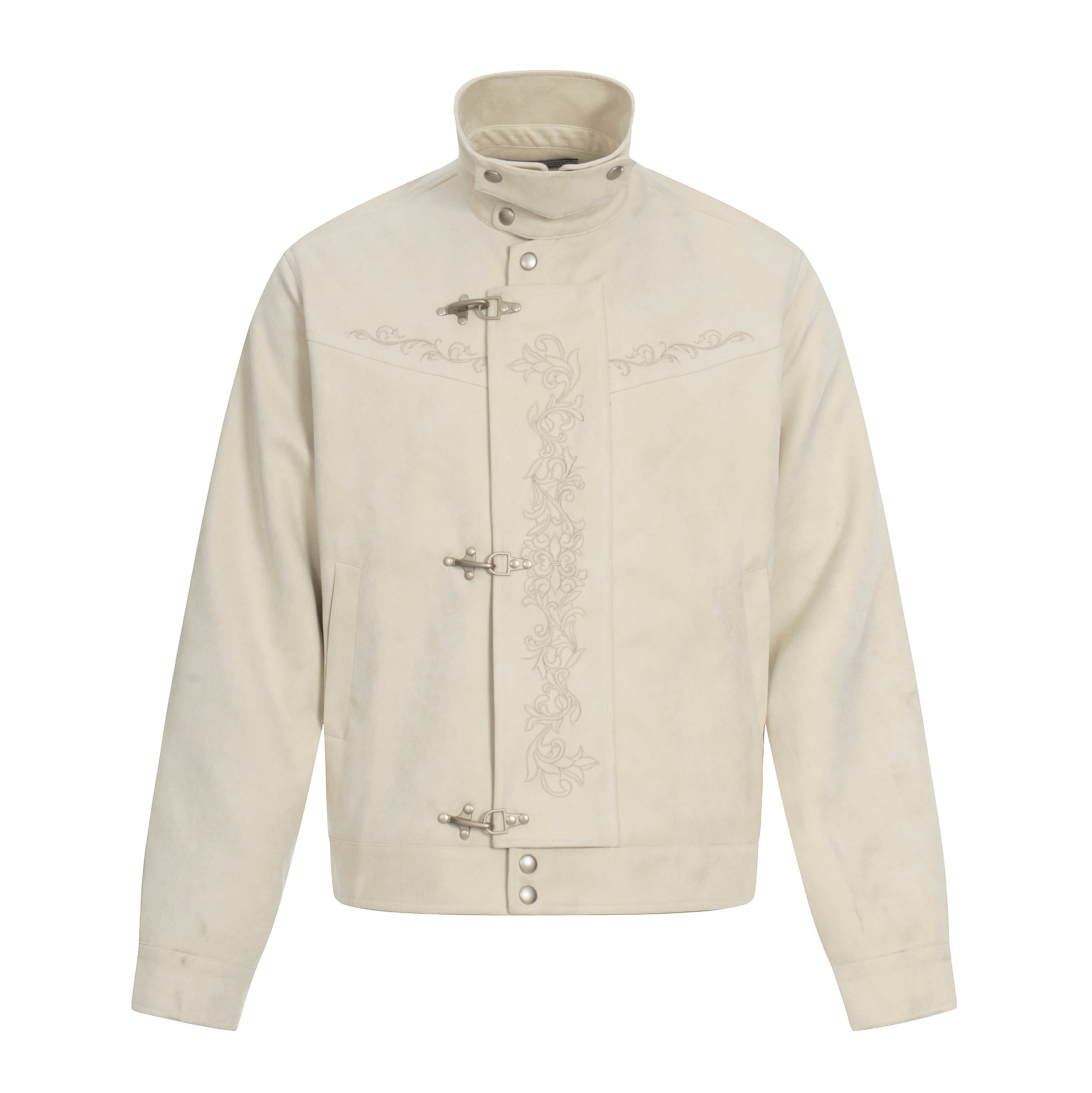 Toggle-Closure Embroidered Stand-Collar Cotton Jacket
